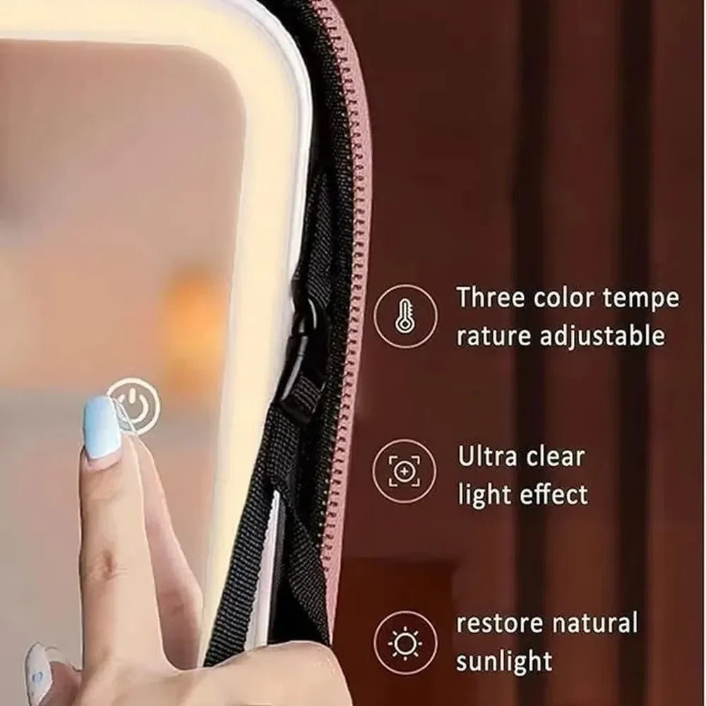 Smart LED cosmetic case with mirror – open showing storage compartments