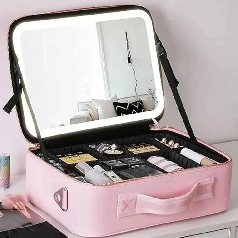 Smart LED cosmetic case with mirror – in use for makeup application