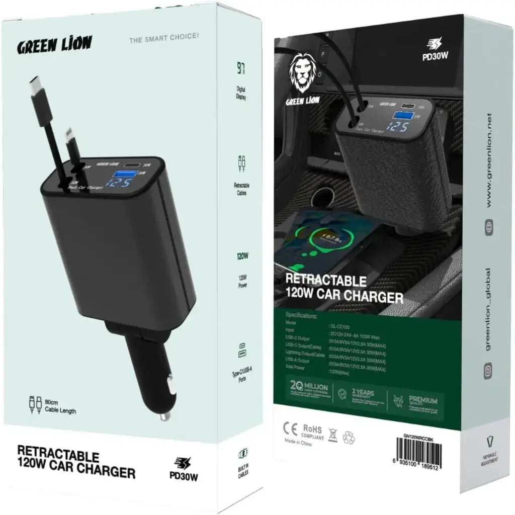 Green Lion 120W car charger in use in a car
