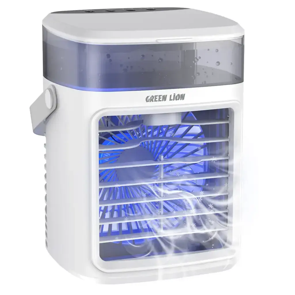 Green Lion mini air cooler fan on a desk