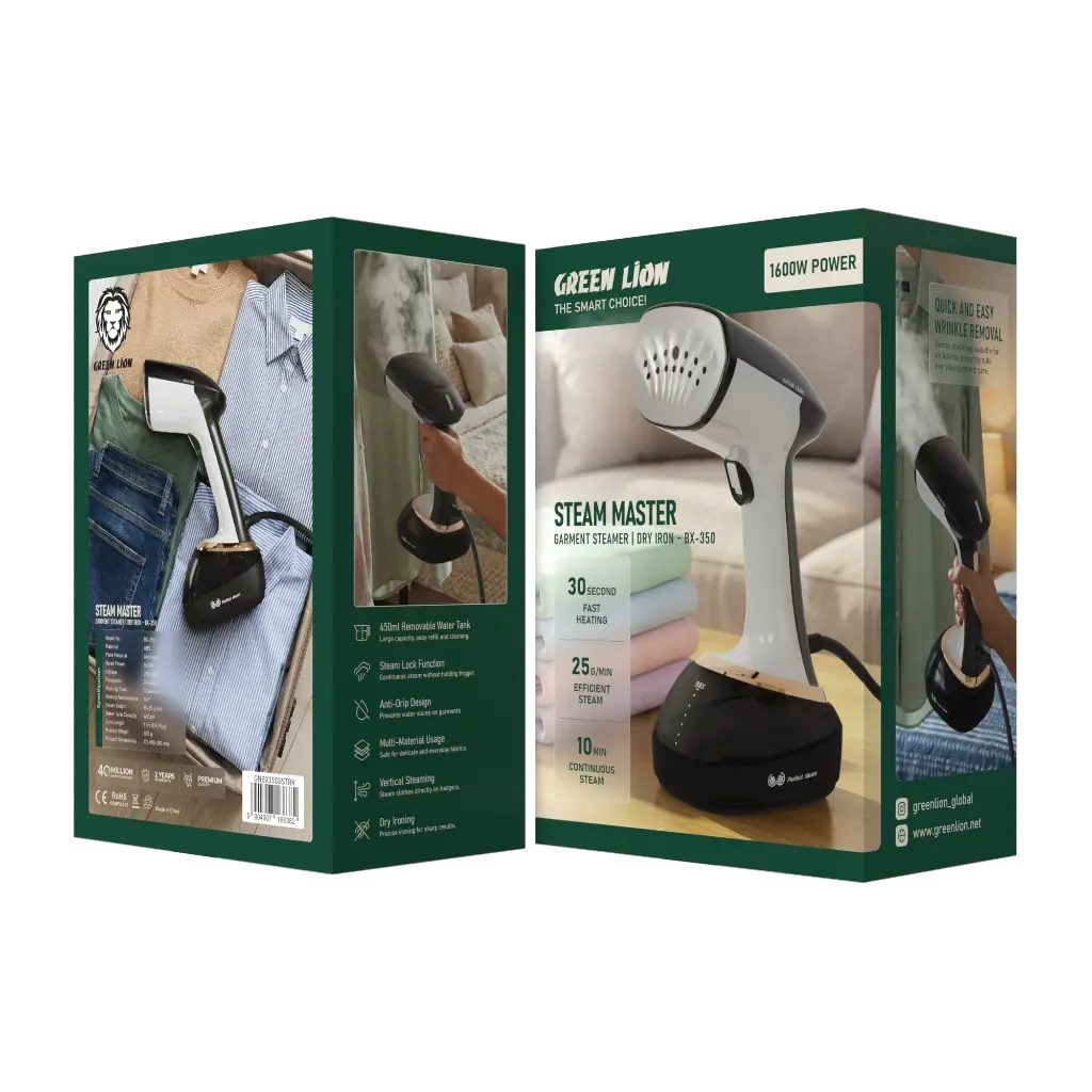 Front view of the Green Lion BX-350 garment steamer