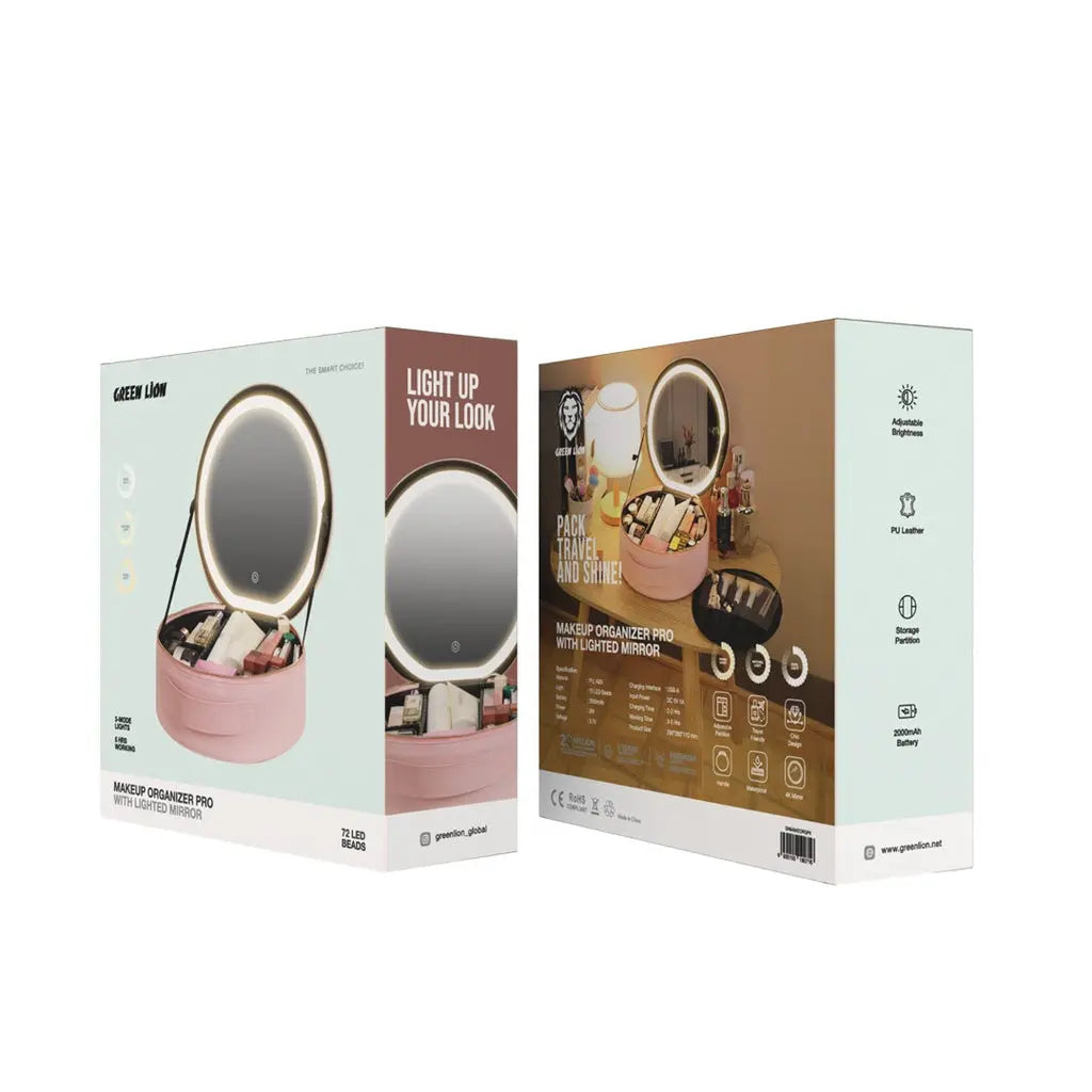 Open pink makeup organizer with adjustable dividers