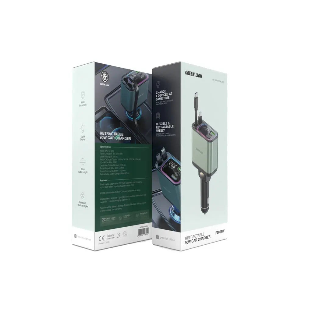 Green Lion retractable car charger with pull-out cables