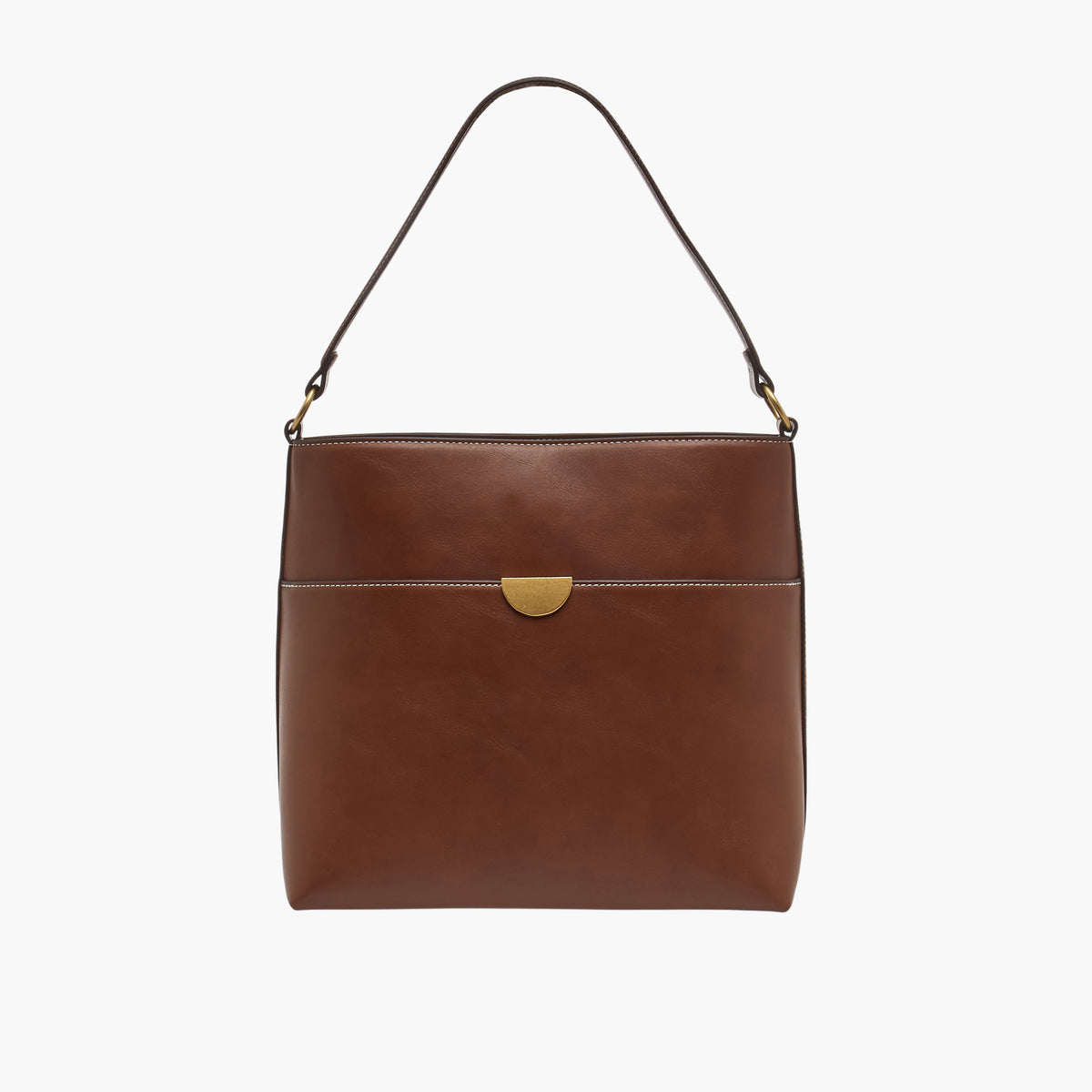 Magnetic button closure on the pocket detail bucket bag