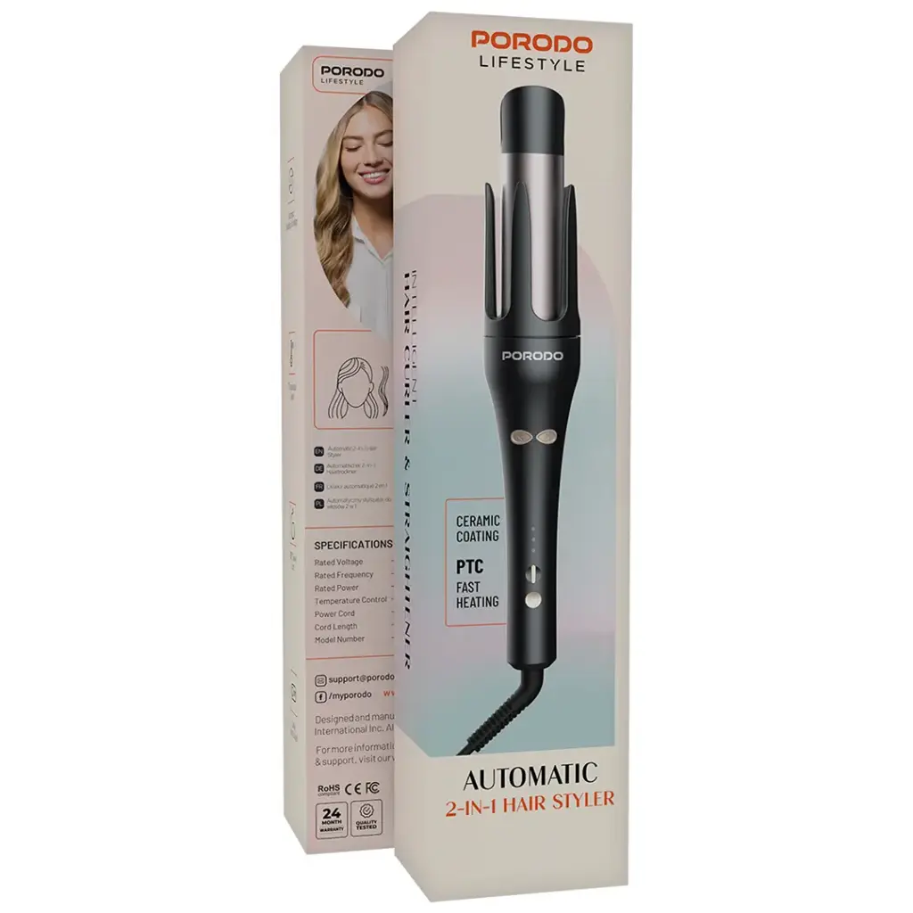 Porodo hair straightener and curler in use