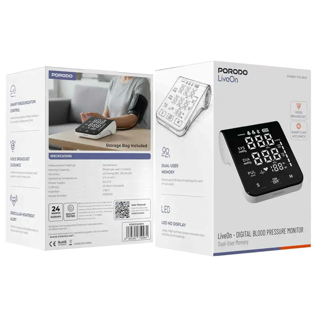 Digital display of the Porodo LiveOn blood pressure monitor