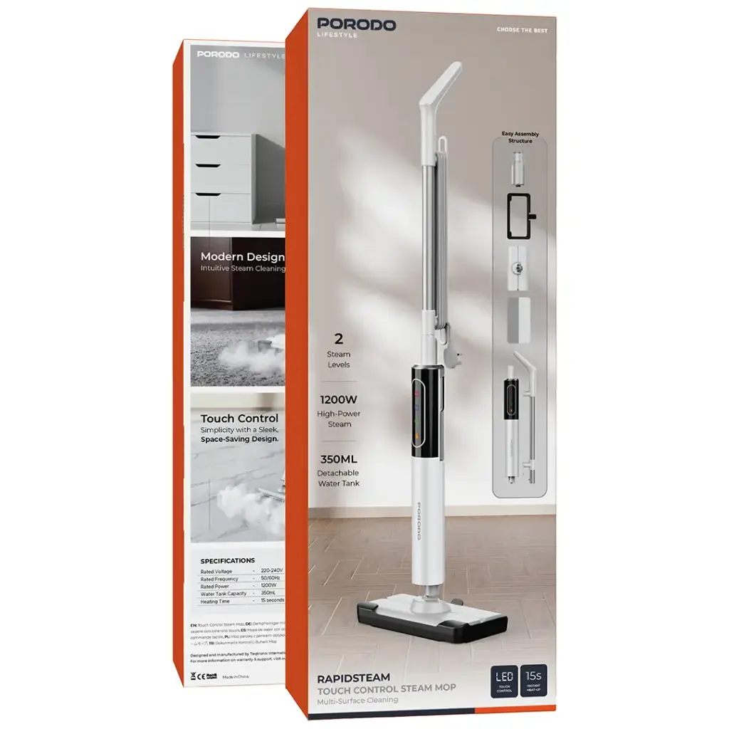 Porodo RapidSteam steam mop cleaning a tiled floor